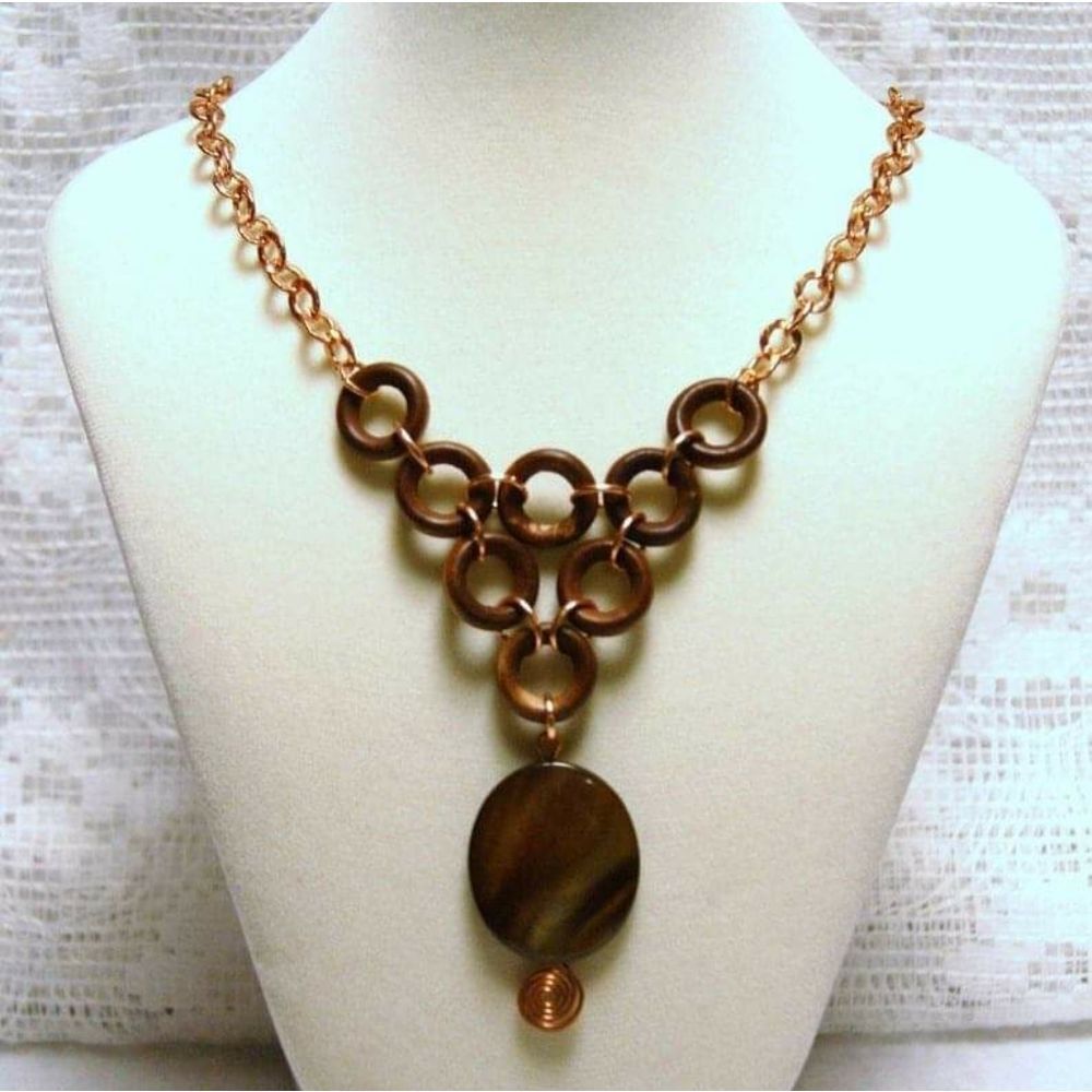 Handmade Brown Shell Wood Rings & Copper Chain Bib Statement Necklace